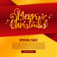 Template design Merry Christmas banner. Happy holiday brochure with decoration tape for xmas sale. Poster shiny gold background for a new year offer. Vector.