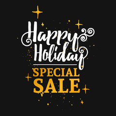 Fototapeta premium Template design banner for Christmas sales. Happy holidays special offer at a discount. Poster lettering for xmas discounts with the decor of gold and curls. Black background. Vector.