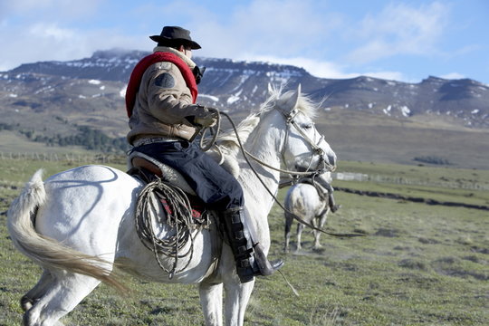 A gaucho riding his horse, Torres del Paine National Park, Patagonian Andes, Patagonia, Chile