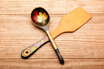 old wooden spoon and wooden spatula