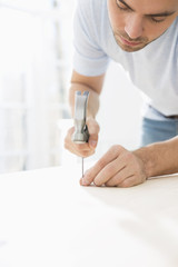 Obraz na płótnie Canvas Mid-adult man nailing in table
