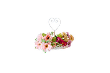 Beautiful bouquet of flowers in basket isolated on white backgro