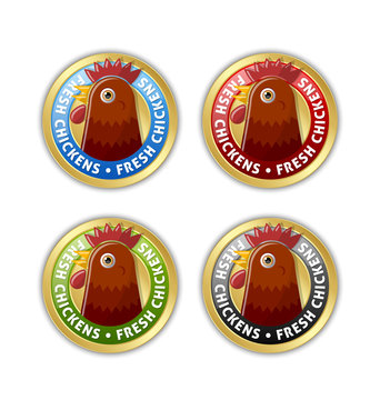 Set of golden badges with chicken head and lettering FRESH CHICKENS isolated on white background