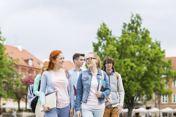 Group of college friends walking outdoors