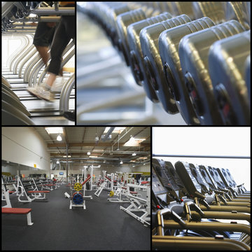 Collage of exercise equipment at gym
