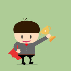Super Businessman holding winning trophy