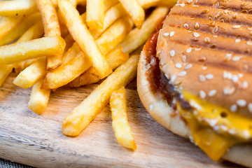 Cheese burger - American cheese burger with Golden French fries