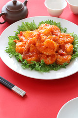 Delicious stir-fried shrimp in chili sauce,chinese cuisine ，エビのチリソース炒め，干烧虾仁