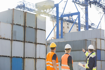 Fototapeta premium Rear view of workers inspecting cargo containers in shipping yard