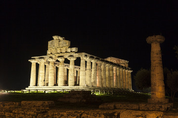 Archaeological site of Paestum in Italy. Greek Temple of Athena or Cerere. Night view