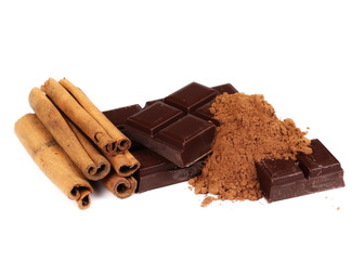 chocolate bars with cinnamon sticks and pile cocoa powder isolated on white background