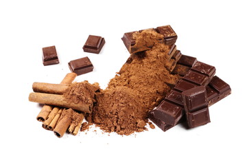 chocolate bars with cinnamon sticks and pile cocoa powder isolated on white background