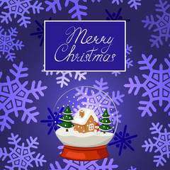 Merry Christmas poster, banner, greeting card. Snow globe on background with snowflakes. Vector illustration.