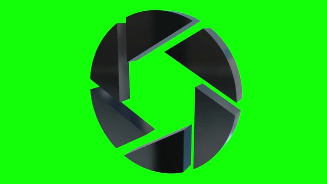 Aperture iris diaphragm logo rotate. Diaphragm like circular symbol for photography, technology logotype. Available in HD video 3d render footage. Chroma key green screen.