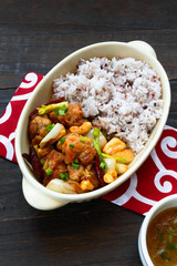 Chicken and cashew nut stir fry served with steamed rice and a bowl of glass noodles clear soup