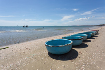 Fototapeta na wymiar nautical fishing coracles, tribal boats at fishing village