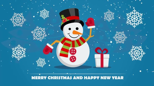 Snowman near gift box with ribbon and text below on Christmas Eve. Xmas and New Year greeting card template with falling snowflakes.