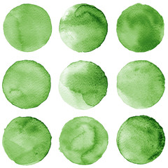 Watercolor circles collection green colors. Stains set isolated on white background. Design elements