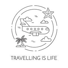 Traveling horizontal banner with airplane, palm and starfish Line art