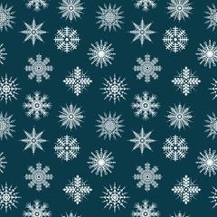 Seamless pattern snowflakes on blue background. Merry christmas, happy new year, xmas 