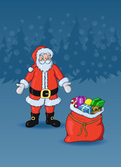 Christmas card with Santa Claus and presents on the snow at night