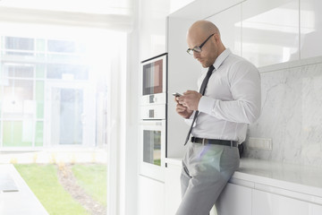 Fototapeta premium Side view of mid adult businessman using cell phone at home