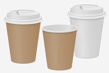 Beige and white paper cups for hot drinks. Coffee Tea. Vector