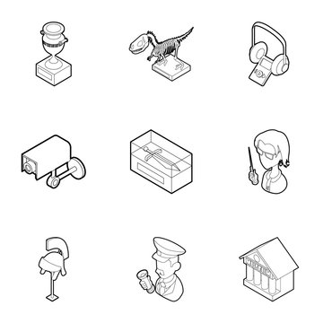 Items in museum icons set. Outline illustration of 9 items in museum vector icons for web