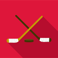 Hockey sticks and puck icon. Flat illustration of hockey sticks and puck vector icon for web design