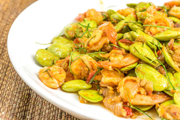 close up Sato fried pork spicy.  food of Thailand