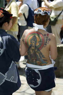 Girl with Shiva tattoo on back, Sanja Matsuri Festival, Sensoji Temple, Asakusa Jinja, Asakusa, Tokyo, Japan