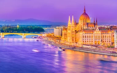 Foto op Aluminium Hungarian Parliament and the Danube river at night, Budapest, Hungary © Serenity-H