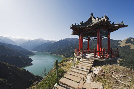 Pavilion overlooking Tian Chi (Heaven Lake), Xinjiang Province, China