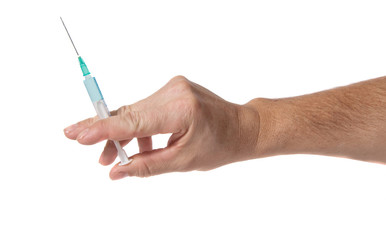 hand with syringe on white background. isolated on white.