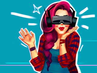 Portrait of a happy young woman with emotions from virtual reality. Raster illustration isolated on a blue background. Cartoon comic style. Pin-up. Pop art. 90s style © Ira Cvetnaya