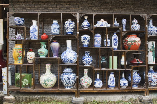 A display of vases at the Qing and Ming Ancient Pottery Factory, Jingdezhen city, Jiangxi Province, China