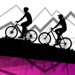 Man and woman cyclist bicycle rider sport silhouettes in mountai