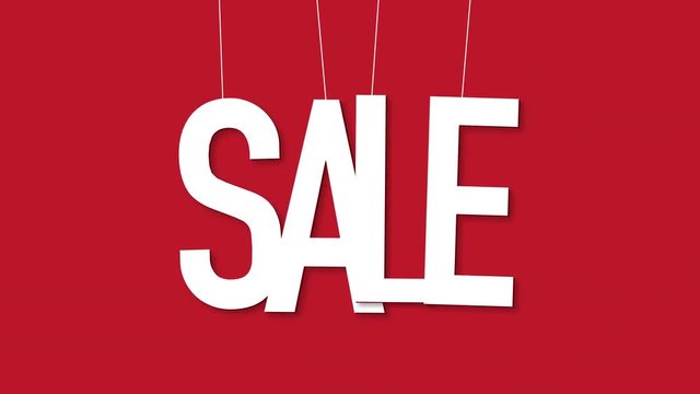 Computer generated animation dangling and wobbling word sale over bright red background, white condensed font simple letters realistic animation