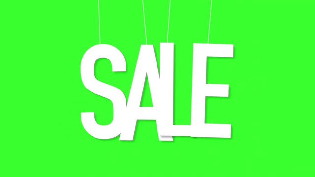 Computer generated animation dangling and wobbling on thin elastic ribbons word sale over green screen, white condensed font simple letters realistic animation