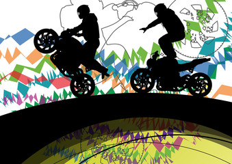 Sport motorbike riders and motorcycles silhouettes abstract illu