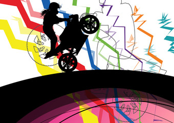 Sport motorbike riders and motorcycles silhouettes abstract illu