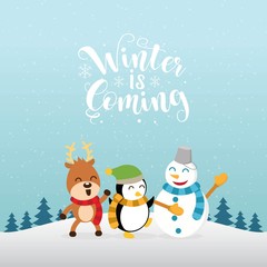 Winter is coming card. Reindeer, Penguin, and snowman Vector illustration. welcome winter and happy holidays