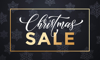 New Year Sale gold frame banner background with snowflakes