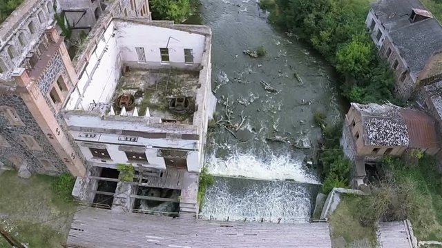 Aerial. Ruins of  old mill or  small hydroelectric power stations. 