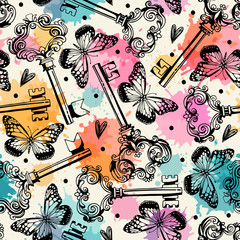 Seamless pattern with keys and butterflies. Freehand drawing