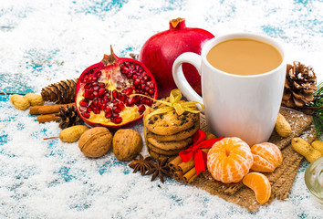 Christmas holiday background with coffee cup