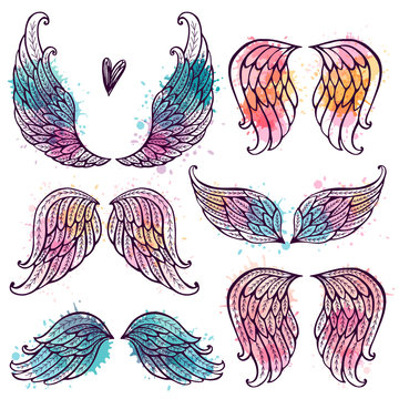 Naklejki Set of illustrations with angel wings. Freehand drawing