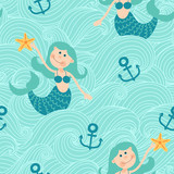 Seamless pattern with mermaids. Freehand drawing
