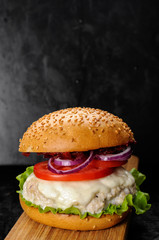 Fresh homemade burger with chicken cutlet, tomato sauce and mozz