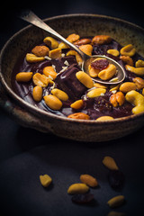 Sweet pudding nuts chocolate cubes mystical light